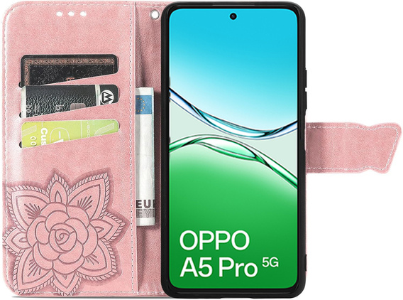 Cu clapetă pentru Oppo A5 Pro 5G, Butterfly, roz rose gold