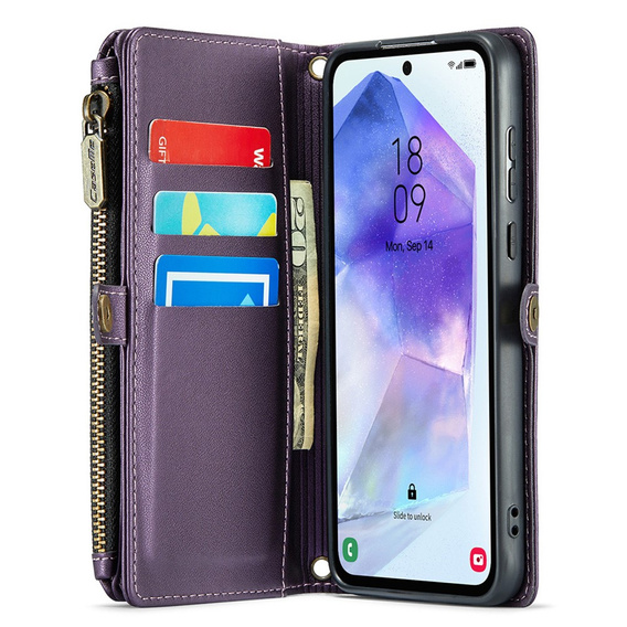 Husă CASEME pentru Samsung Galaxy A55 5G, RFID Leather Wallet, cu curea de umăr, violet