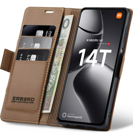 Husă pentru Xiaomi 14T, ERBORD Glossy Litchi, portofel cu clapetă, maro