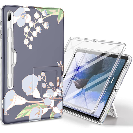 Huse pentru Samsung Galaxy Tab S7 FE, Suritch Full Body Flowers, gri