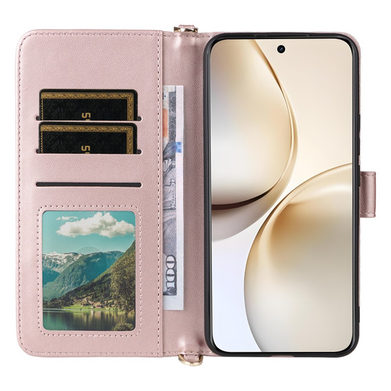 Carcasă cu clapetă pentru Realme 14 Pro+ 5G, Crossbody Leather Wallet, roz rose gold