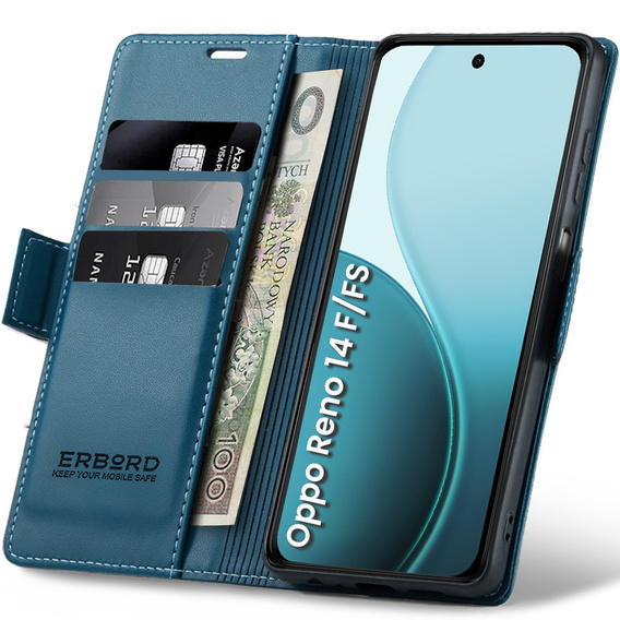 Husă pentru Oppo Reno 14 F / 14 FS, ERBORD Glossy Litchi, portofel cu clapetă, albastru
