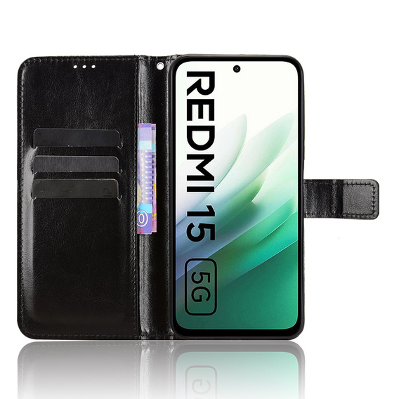 Cazul Flap pentru Xiaomi Redmi 15 5G / 4G, texturat Crazy Horse, negru