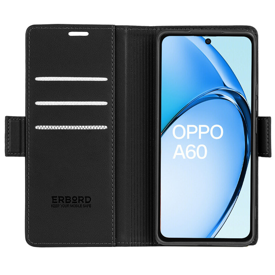 Husă pentru Oppo A60, ERBORD Glossy Litchi, portofel cu clapetă, negru