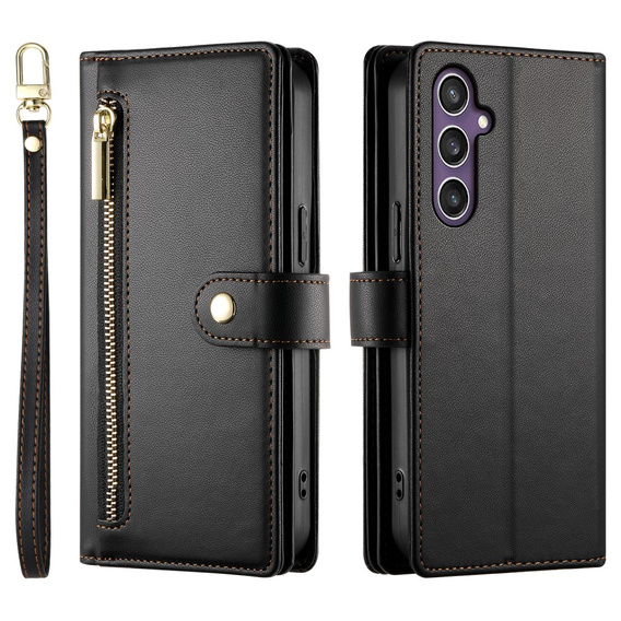 Cu clapetă pentru Samsung Galaxy S25+ Plus, Wallet Zipper Pocket, negru