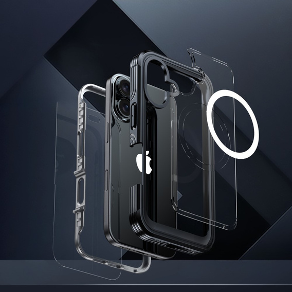Husă pentru iPhone 16, Shockproof, cu sticlă, pentru MagSafe, negru
