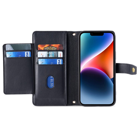 Cu clapetă pentru iPhone 15, Wallet Zipper Pocket, negru