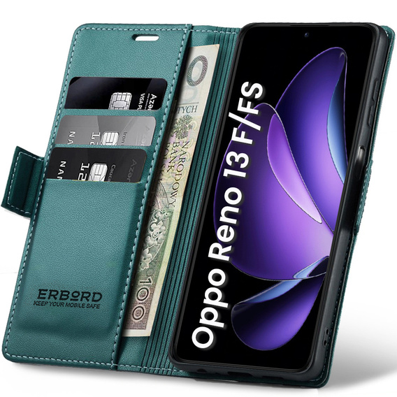 Husă pentru Oppo Reno 13F / Oppo Reno 13FS, ERBORD Glossy Litchi, portofel cu clapetă, verde