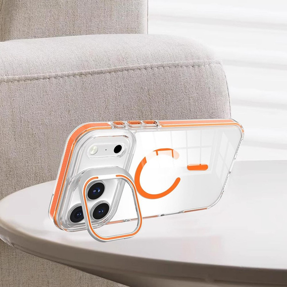 Husă pentru iPhone 17 Pro, pentru MagSafe, cu suport, transparentă cu inserții portocalii