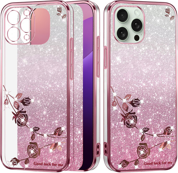 Husă pentru iPhone 16 Pro, Glitter Flower, roz rose gold