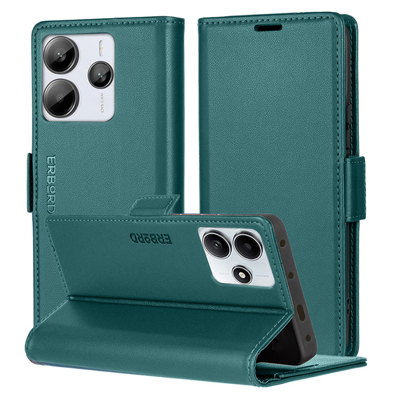 Husă pentru Xiaomi Redmi Note 14 5G, ERBORD Glossy Litchi, portofel cu clapetă, verde