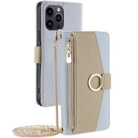 Carcasă flip pentru iPhone 14 Pro Max, Wallet Zipper Pocket, cu oglindă, albastru