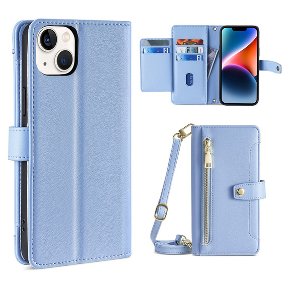 Cu clapetă pentru iPhone 15, Wallet Zipper Pocket, albastru