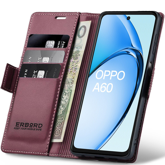 Husă pentru Oppo A60, ERBORD Glossy Litchi, portofel cu clapetă, roșu