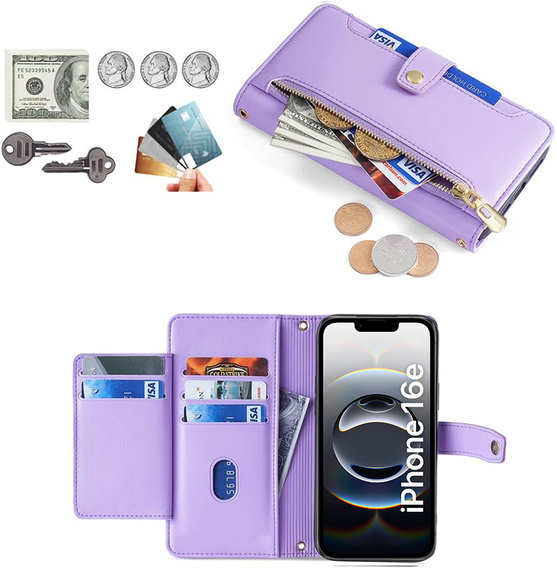 Cu clapetă pentru iPhone 16E, Wallet Zipper Pocket, violet