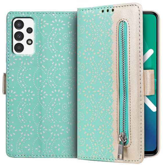 Carcasă cu clapetă pentru Samsung Galaxy A53 5G, Wallet Pocket Zipper Lace, verde