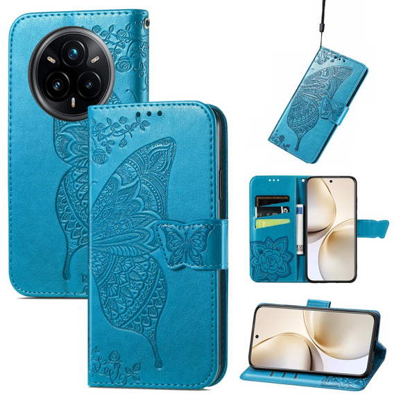 Cu clapetă pentru Realme 14 Pro 5G, Butterfly, albastru