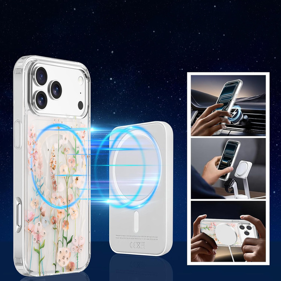 Husă magnetică cu model floral realizat cu laser pentru iPhone 17 Pro