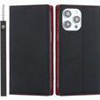 Cu clapetă pentru iPhone 15 Pro Max, Litchi Skin Grain, negru