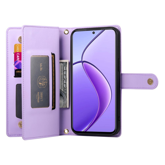 Cu clapetă pentru Realme 14 Pro+ 5G, Wallet Zipper Pocket, violet