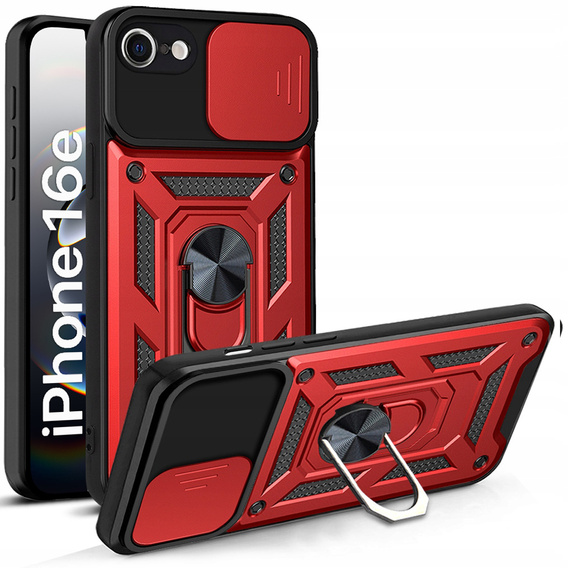 Carcasă blindată pentru iPhone 16E, CamShield Slide, roșu + sticlă călită 9H