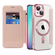 Cu clapetă pentru iPhone 15, RFID Wallet MagSafe CamShield, roz