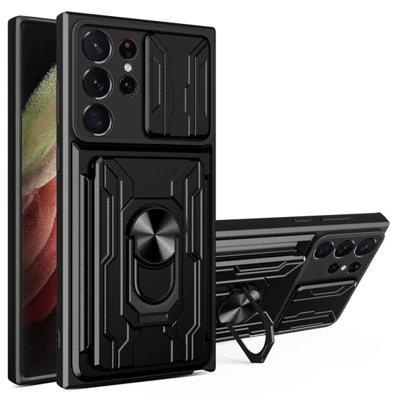 Husă blindată pentru Samsung Galaxy S23 Ultra, Camera Slide Card Slot, negru