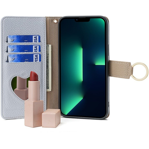 Carcasă flip pentru iPhone 15, Wallet Zipper Pocket, cu oglindă, albastru