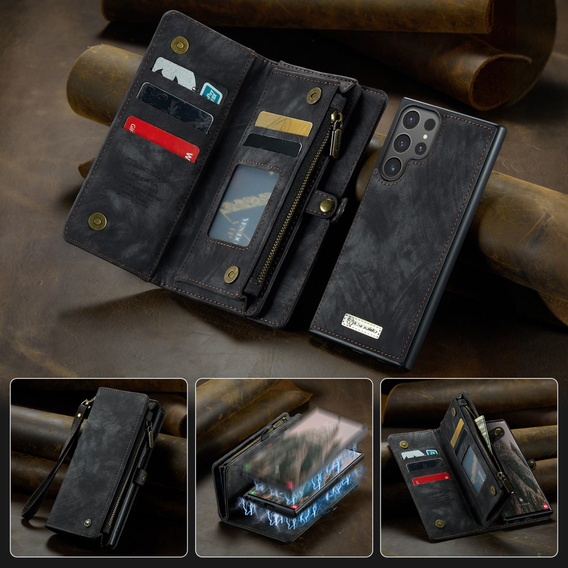 Husă CASEME pentru Samsung Galaxy S25 Ultra, Retro Leather Wallet, cu curea de umăr, negru