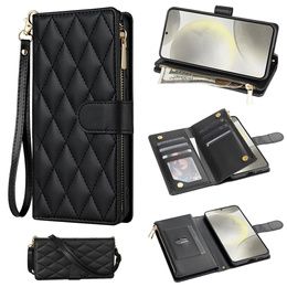 Husă cu clapetă pentru Samsung Galaxy S25 Edge, Rhombus Crossbody Leather, negru