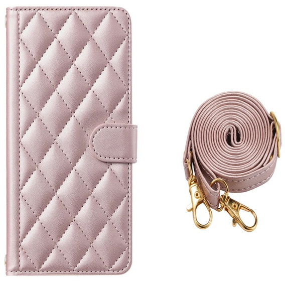 Husă cu clapetă pentru Samsung Galaxy A16, Rhombus Crossbody Leather, roz rose gold