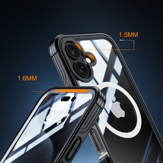 Husă pentru iPhone 16, Shockproof, cu sticlă, pentru MagSafe, negru