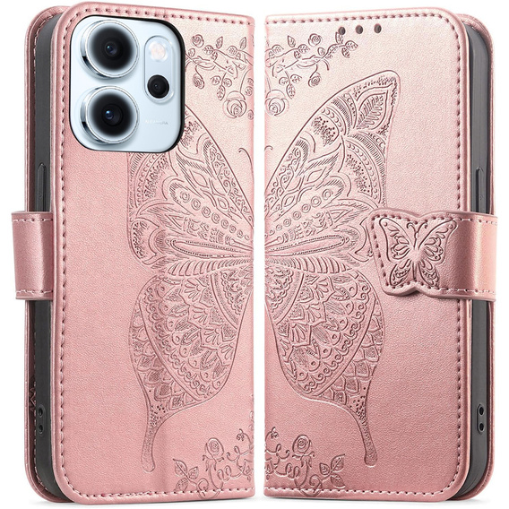 Carcasă cu clapetă pentru Oppo Reno 14F, portofel, Butterfly, aur roz