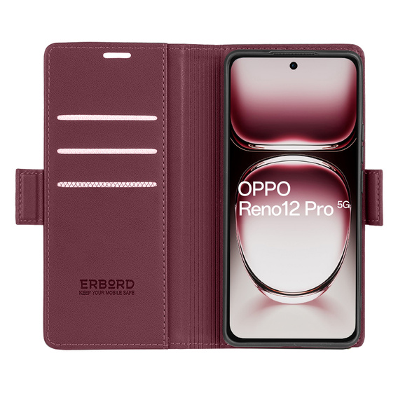 Husă pentru Oppo Reno 12 Pro, ERBORD Glossy Litchi, portofel cu clapetă, roșu