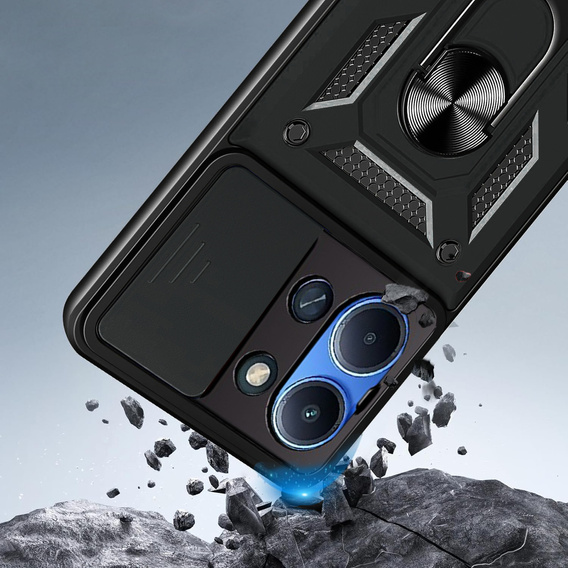 Carcasă blindată pentru Xiaomi Redmi 15C 4G/LTE, cu protecție pentru cameră, cu suport, negru