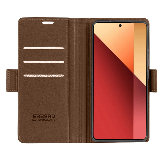 Husă pentru Xiaomi Redmi Note 13 Pro 4G / Xiaomi Redmi Note 14S / Xiaomi Poco M6 Pro 4G, ERBORD Glossy Litchi, portofel cu clapetă, maro