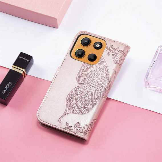 Cu clapetă pentru Motorola Moto G15 / Motorola Moto G15 Power, Butterfly, roz rose gold