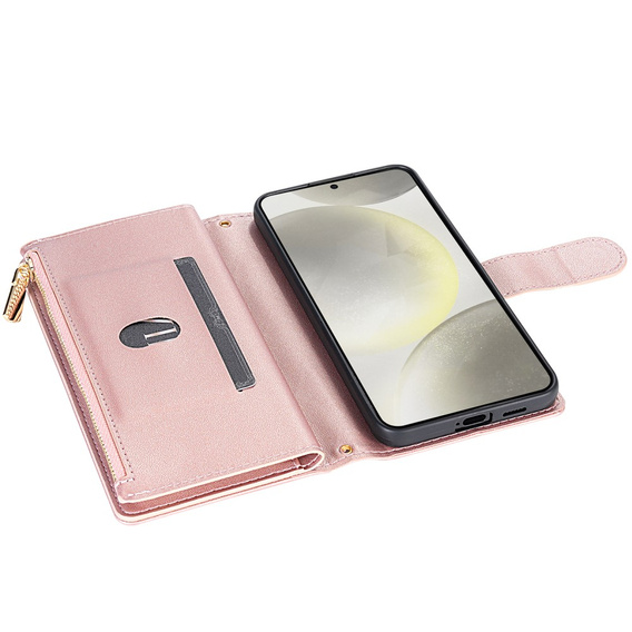 Husă cu clapetă pentru Samsung Galaxy S25 Edge, Rhombus Crossbody Leather, roz rose gold