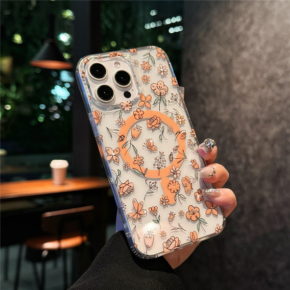 Husă magnetică cu model floral realizat cu laser pentru iPhone 16 Pro