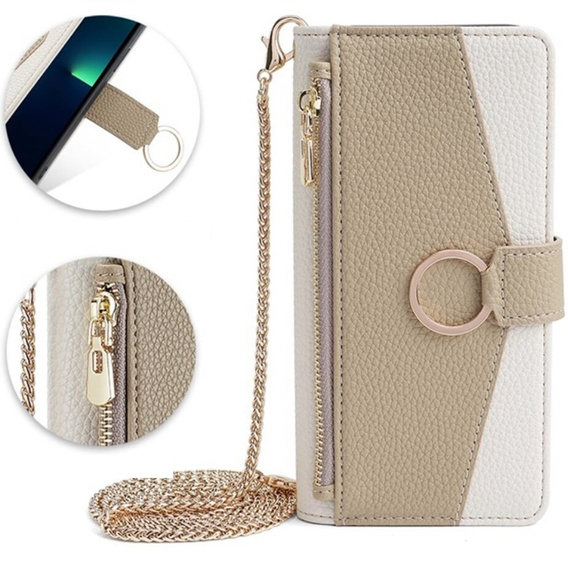 Carcasă flip pentru Samsung Galaxy S22, Wallet Zipper Pocket, cu oglindă, alb