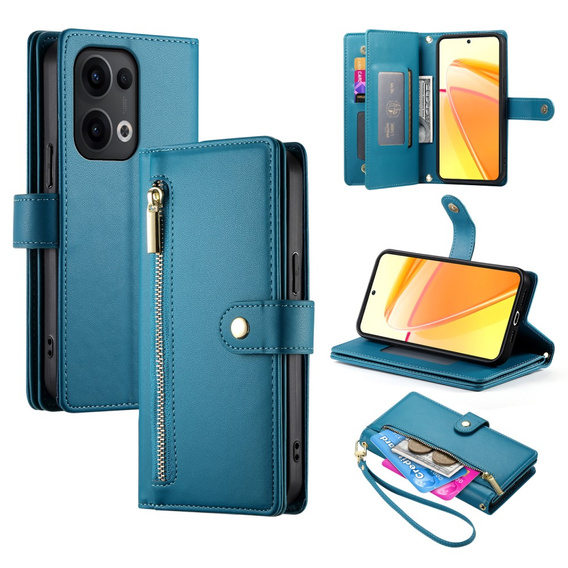 Cu clapetă pentru Oppo Reno 13 5G, Wallet Zipper Pocket, albastru