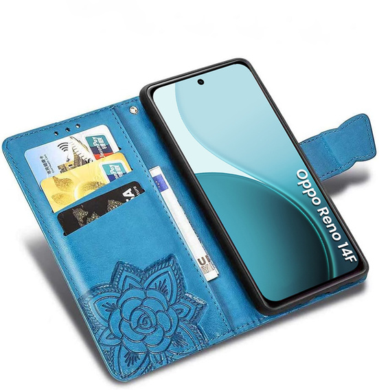 Carcasă cu clapetă pentru Oppo Reno 14F, portofel, Butterfly, albastru