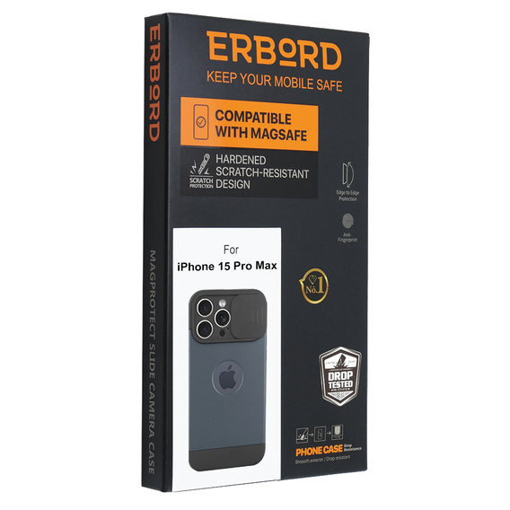 Huse pentru iPhone 15 Pro Max, ERBORD MagProtect Slide Camera, albastru titan
