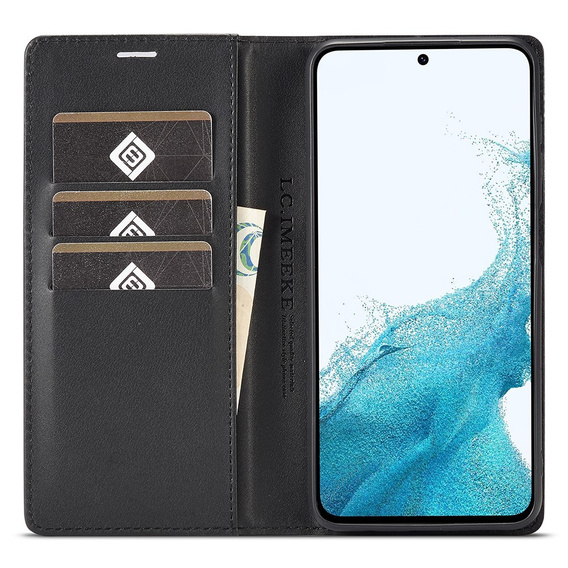 Husă cu clapetă LC.IMEEKE pentru Samsung Galaxy A17 5G, textură carbon, negru