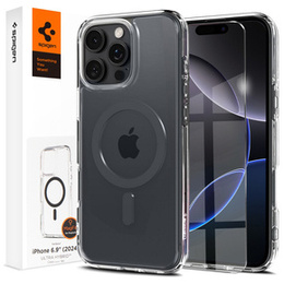 Carcasă MagSafe Spigen pentru iPhone 16 Pro Max, Ultra Hybrid, transparent / gri + 9H Tempered Glass
