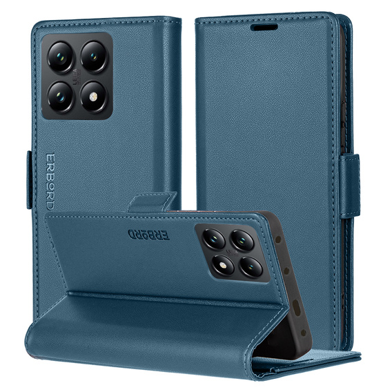 Husă pentru Xiaomi 14T, ERBORD Glossy Litchi, portofel cu clapetă, albastru