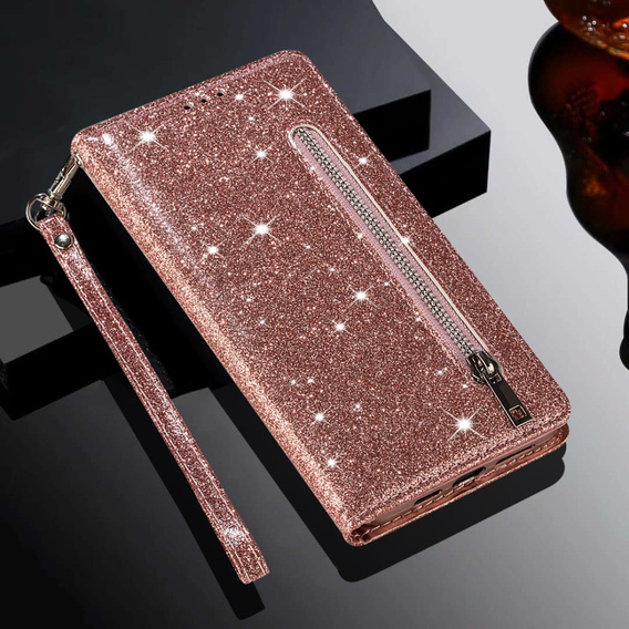 Cu clapetă pentru Samsung Galaxy A36 5G, Wallet Zipper Pocket Glittery, roz rose gold