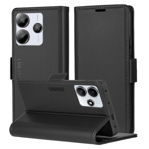 Husă pentru Xiaomi Redmi Note 14 5G, ERBORD Glossy Litchi, portofel cu clapetă, negru