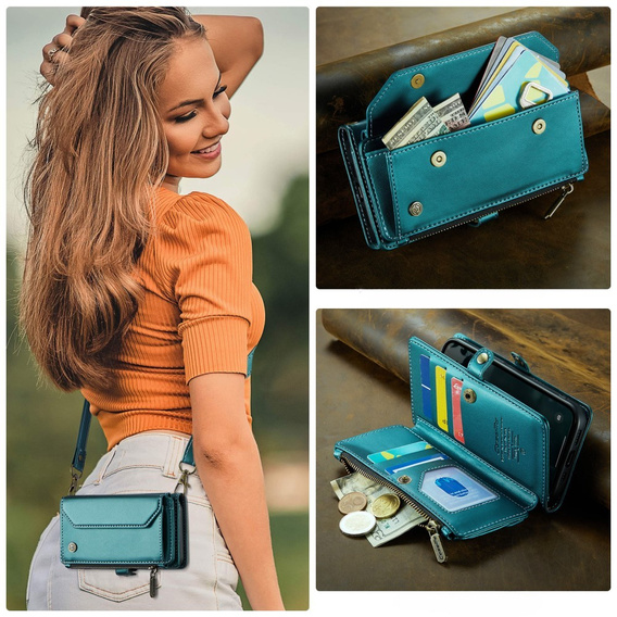 Husă CASEME pentru iPhone16e, RFID Leather Wallet, cu curea de umăr, verde