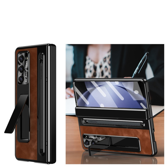 Husă cu suport din piele + PC cu geam și stylus pentru Samsung Galaxy Z Fold6 5G